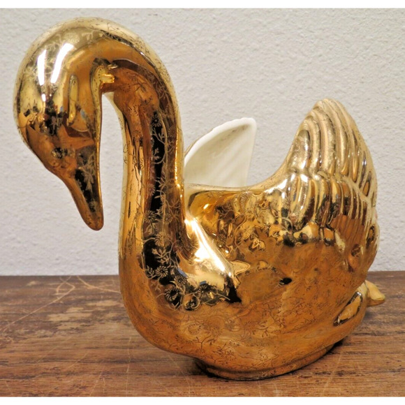 Vintage Swan Planter Hand Painted 22 Kt Gold Pearl China Co Flower Designs - Picture 3 of 6